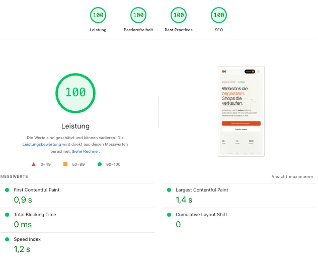 PageSpeed Insights Report für paulmill.com: 100 Punkte in Leistung, Barrierefreiheit, Best Practices und SEO