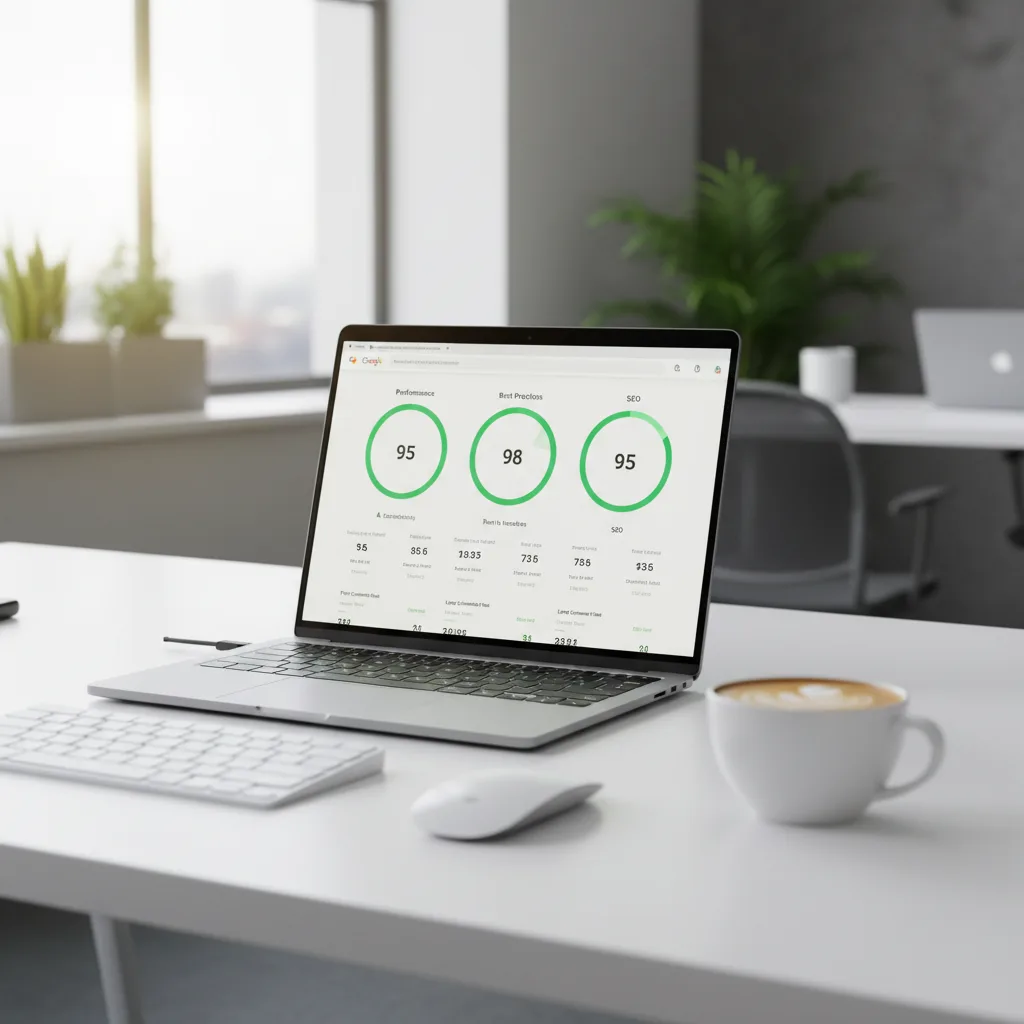 Laptop zeigt PageSpeed-Dashboard mit grünen Performance-Scores neben Kaffeetasse im Büro