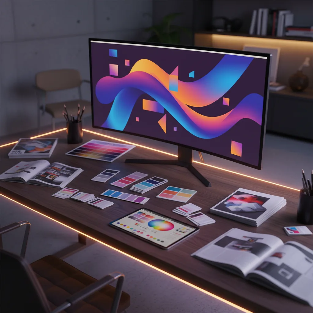 Curved Monitor mit abstrakten Farbverläufen, Farbpaletten und Design-Magazinen auf beleuchtetem Schreibtisch