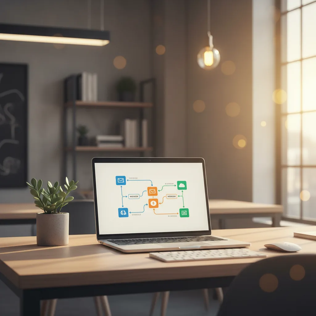 Laptop mit buntem Automatisierungs-Workflow auf Holzschreibtisch mit Pflanze im sonnigen Büro