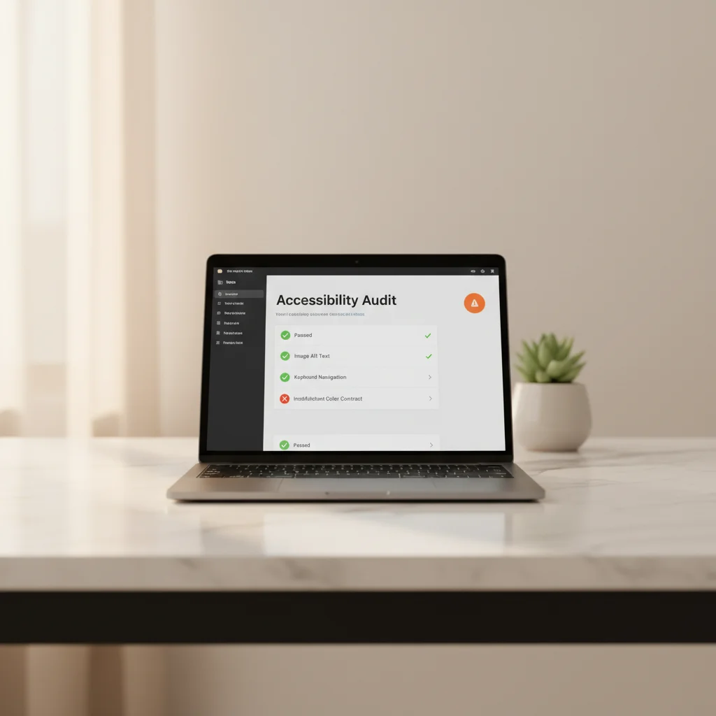 MacBook zeigt Accessibility-Audit-Dashboard mit orangem Alert-Badge und grünen Checkmarks auf Marmor-Schreibtisch