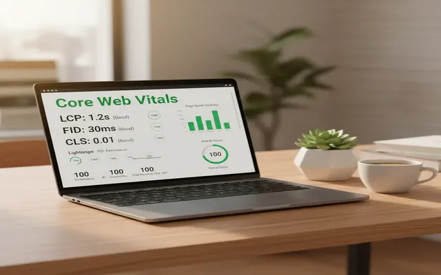Laptop zeigt E-Commerce-Seite mit Performance-Metriken