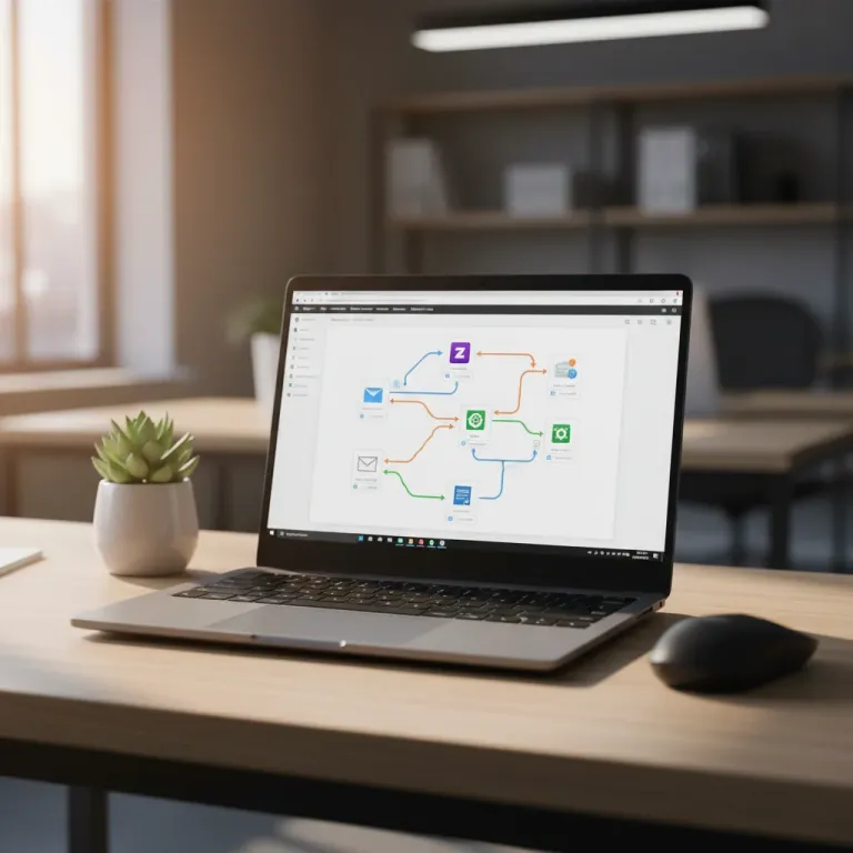 Laptop auf Holzschreibtisch zeigt Workflow-Diagramm im Sonnenlicht