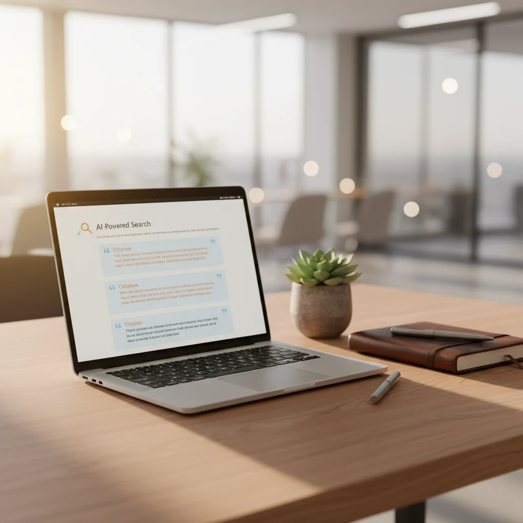 Laptop zeigt KI-generierte Suchergebnisse mit hervorgehobenen Zitaten auf Holzschreibtisch neben Notizbuch und Pflanze