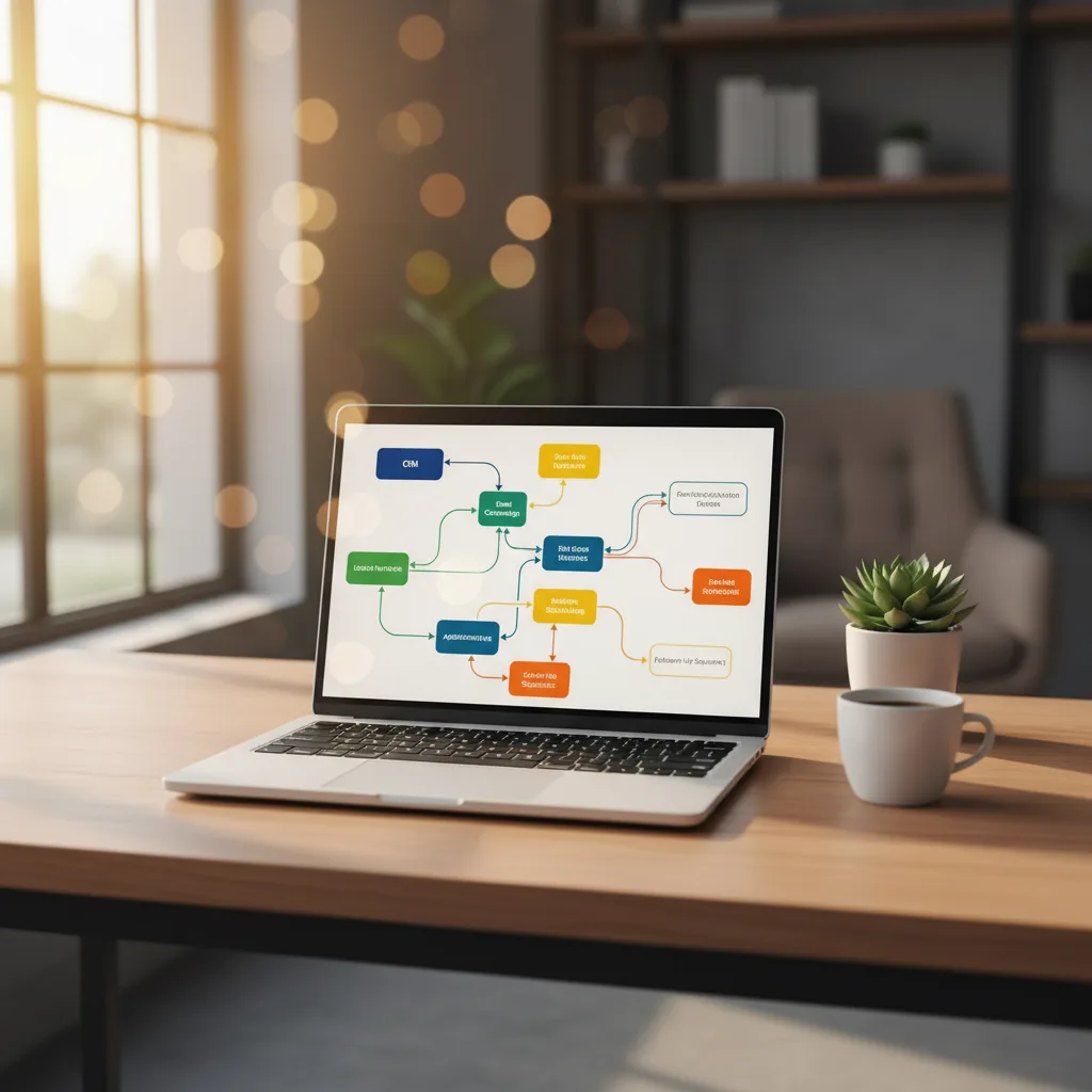 Laptop zeigt buntes Workflow-Automatisierungsdiagramm auf Holzschreibtisch mit Pflanze und Kaffeetasse im sonnigen Büro