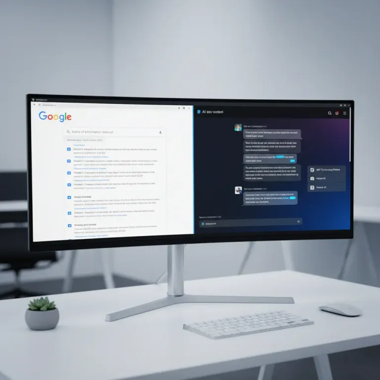 Monitor showing split-screen comparison: classic Google search results on the left, AI chat with source citations on the right