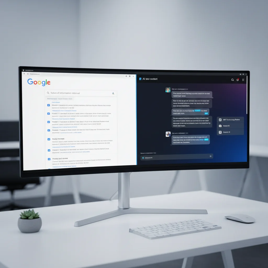 Monitor zeigt Split-Screen-Vergleich: klassische Google-Suchergebnisse links, KI-Chat mit Quellenangaben rechts