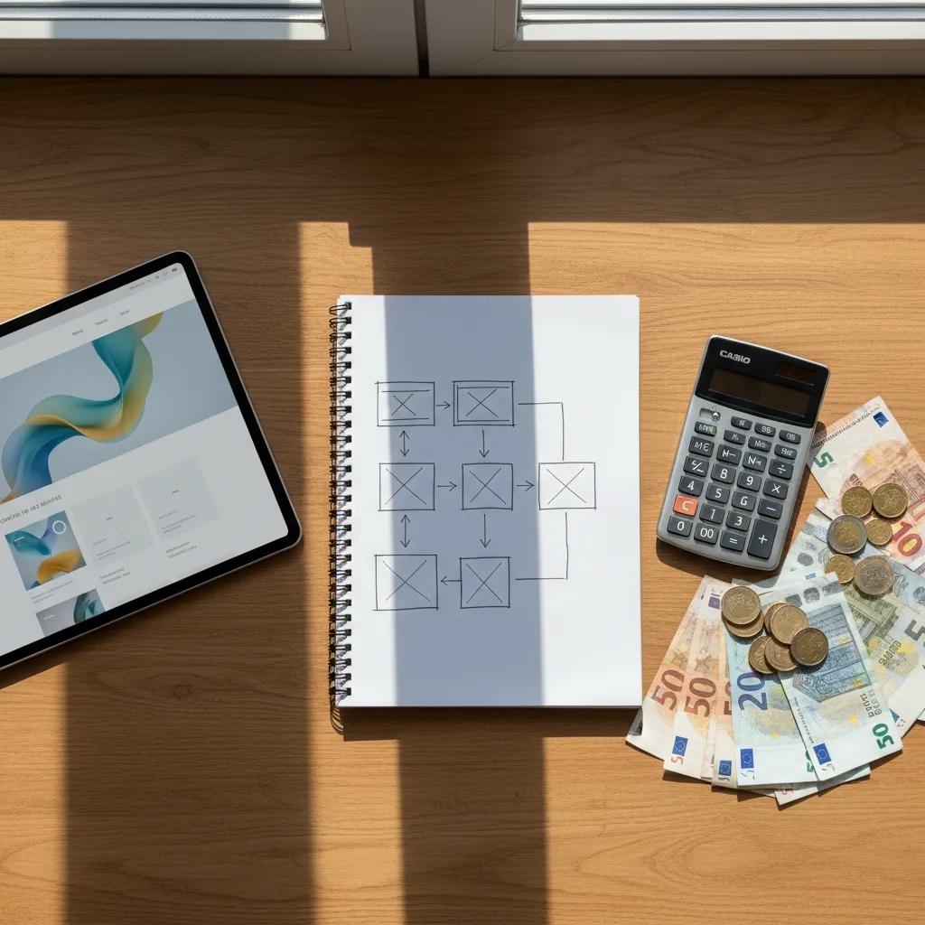 Tablet mit Website-Design, Wireframe-Skizze, Taschenrechner und Euro-Geldscheine auf sonnigem Holzschreibtisch