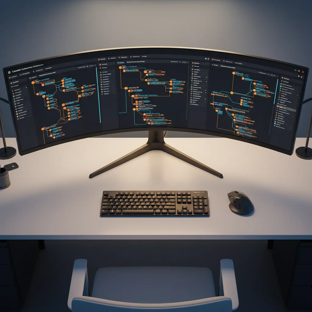 Ultrawide-Monitor zeigt KI-Agenten-Interface mit laufendem Workflow neben Tastatur und Maus auf weißem Schreibtisch