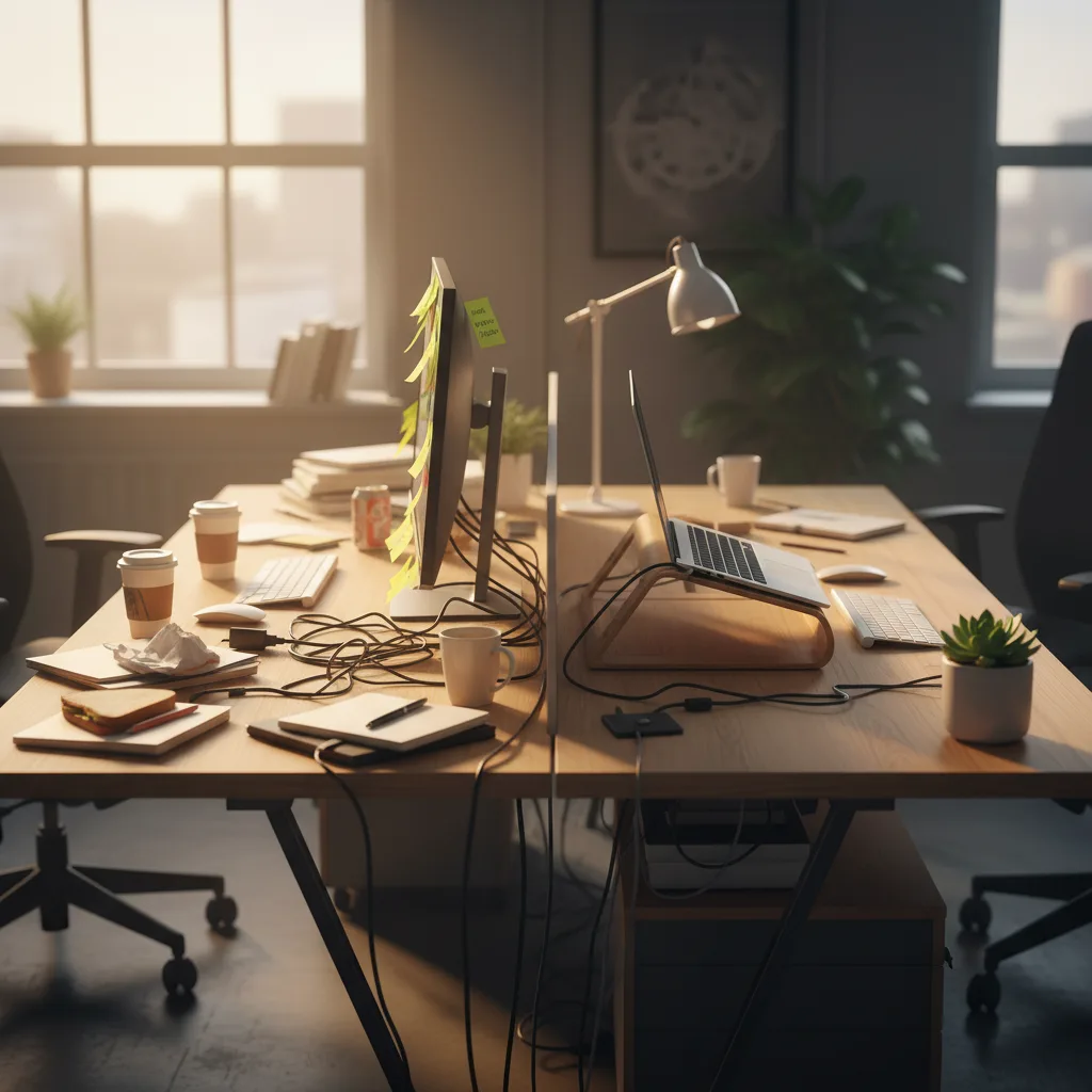 Zwei Büroarbeitsplätze im Kontrast — chaotischer Kabelsalat und Post-its neben aufgeräumtem Laptop-Setup