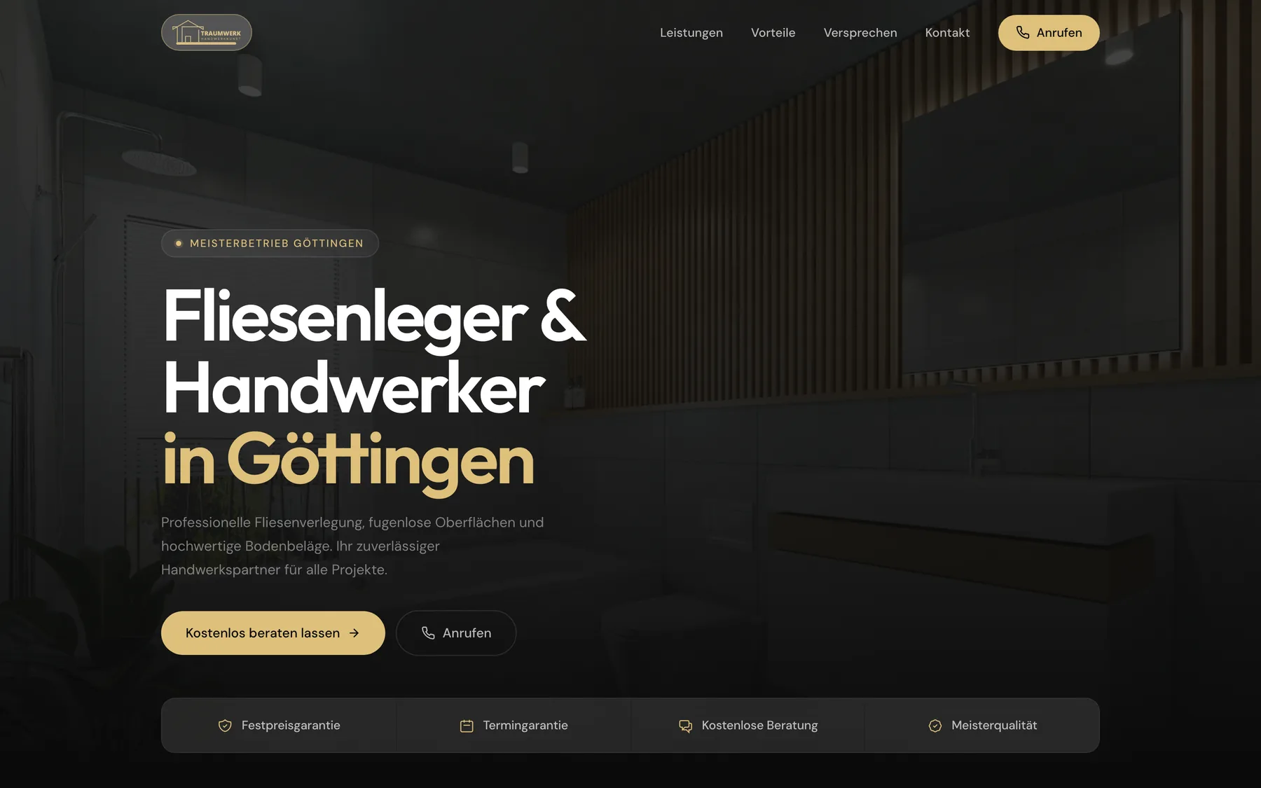 Startseite von handwerkskunst-goettingen.de auf dem Desktop: dunkles Bad mit Holzlamellen, Überschrift „Fliesenleger & Handwerker in Göttingen“