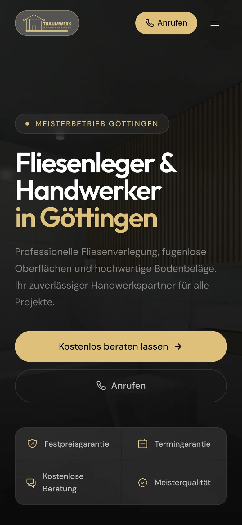Dieselbe Startseite auf dem Smartphone mit Anruf-Button und Garantie-Leiste